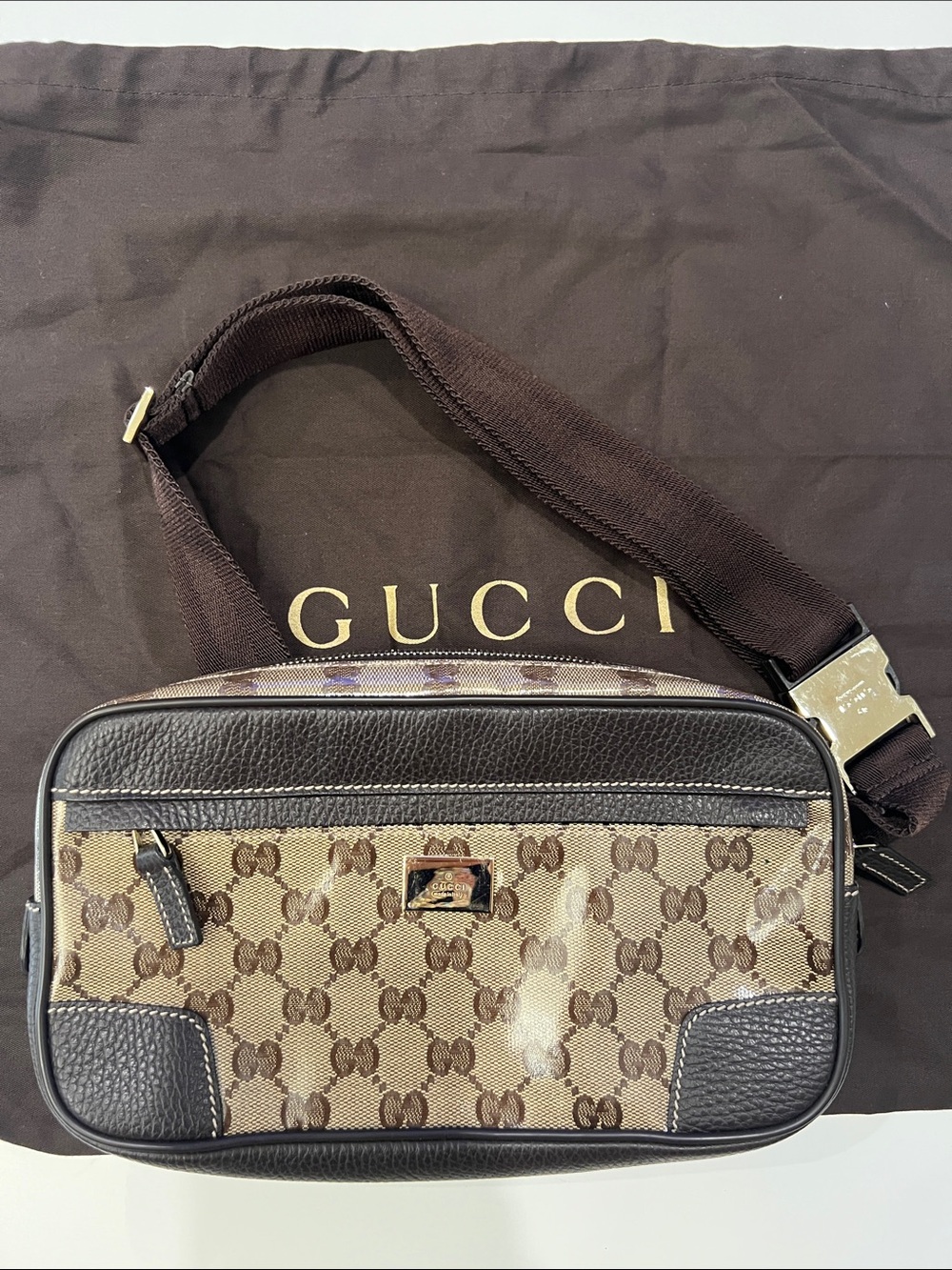 Gucci Brown GG Supreme Belt Bag with Leather Trim